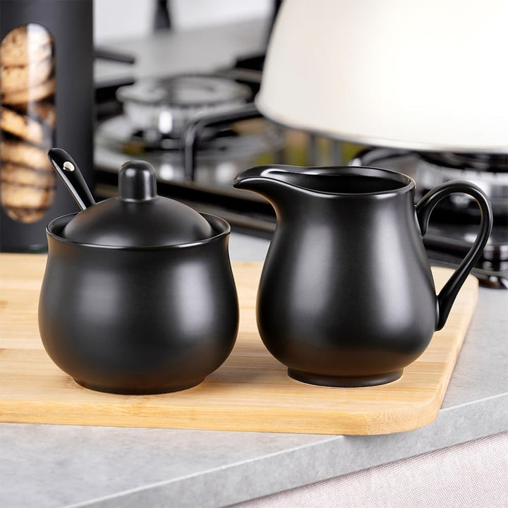 Vilde Milchkännchen und Zuckerdose Set aus Porzellan 2-teilig mit Deckel Löffel Schwarz - Modern Kaf