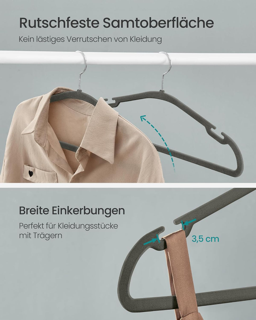 SONGMICS Kleiderbügel Samt, Bügel 50er Set, 43 x 21 cm, Samtbügel rutschfest, breite Schulterkerben,