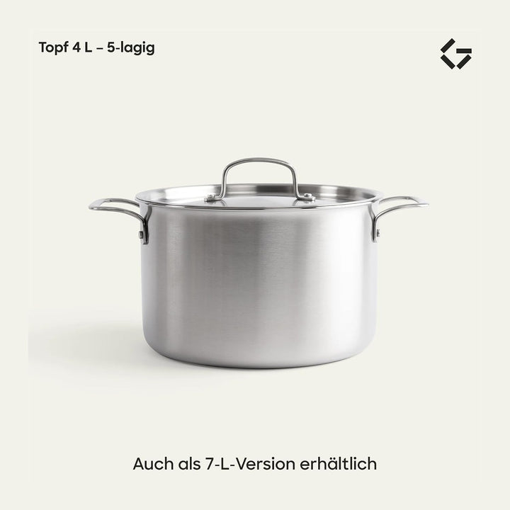 Gastrotools Edelstahl Kochtopf 4L, 20cm, 5-Schicht für gleichmässige Wärme, PFAS-frei, backofenfest