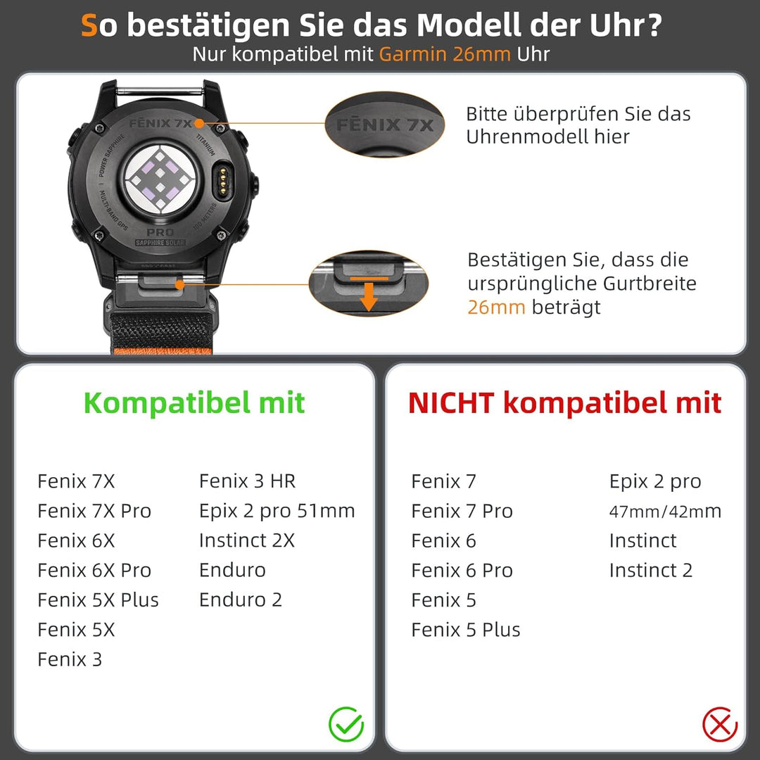 Laffav Armband Kompatibel mit Garmin Fenix 6X/7X Pro, Nylon QuickFit 26mm Ersatzband für Fenix 5X/Pl