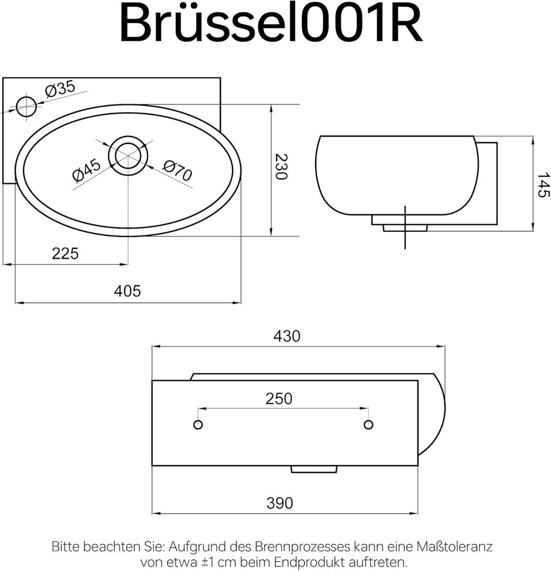doporro Brüssel001L Hängewaschbecken aus Keramik in Weiss inkl. Nano-Versiegelung/Abperl-Effekt, Wan