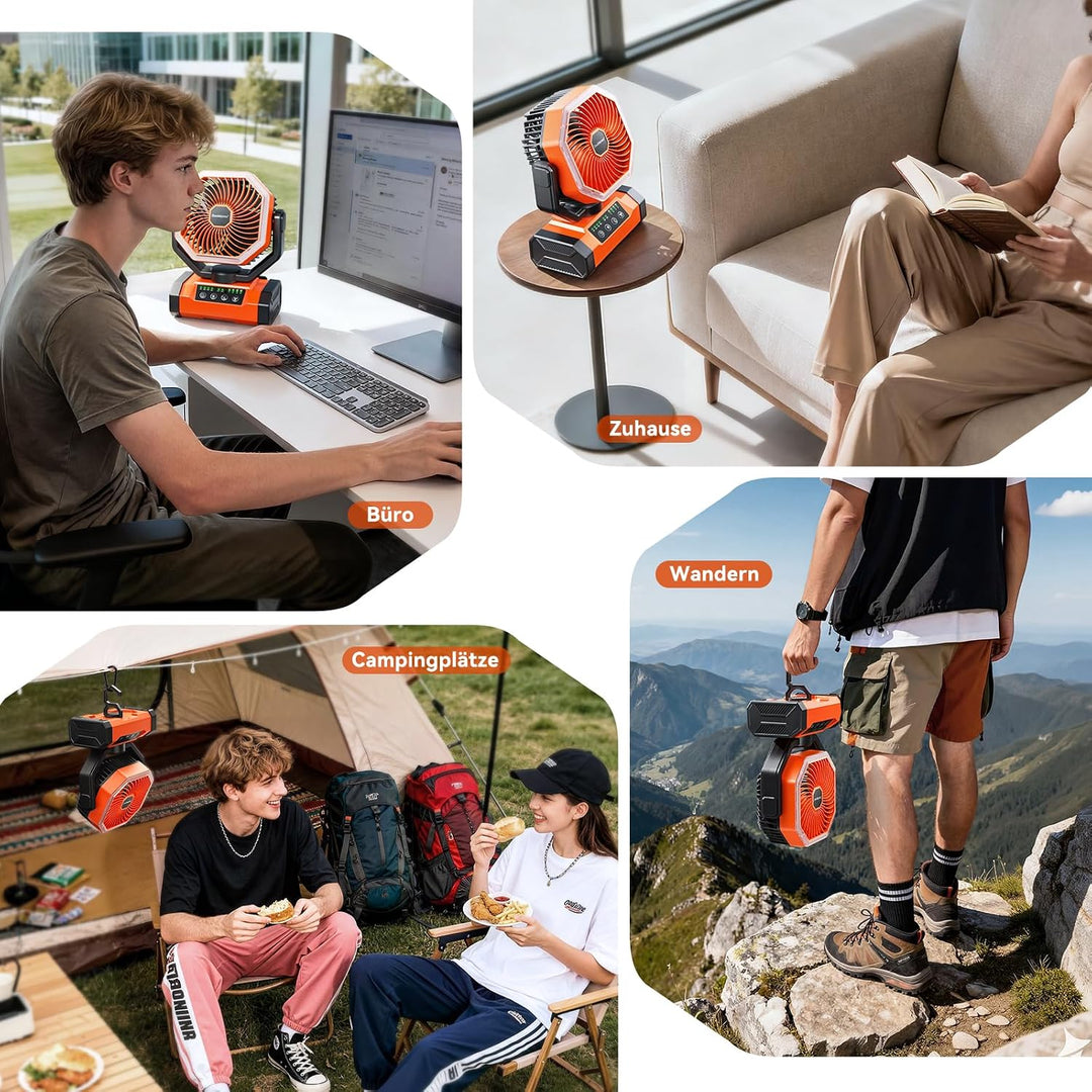 20000mAh Camping Ventilator, Aufladbare Akku Ventilator, Tragbarer Ventilators mit LED Licht, 120° O