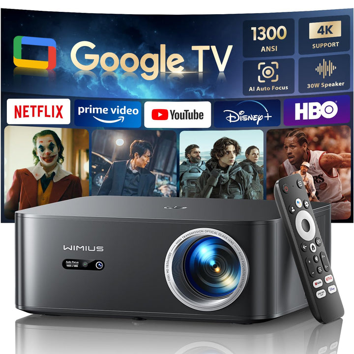 Beamer 4K [1300 ANSI|Google TV] FHD 1080P Beamer 4K Unterstützt, Autofokus Auto Trapezkorrektur 20W
