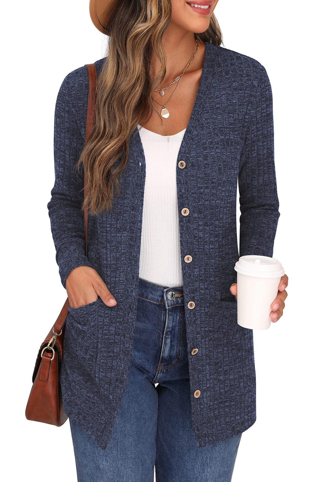 GRECERELLE Damen Leichte Strickjacke Lang mit Taschen und Knöpfen Long Elegant Cardigan V-Ausschnitt