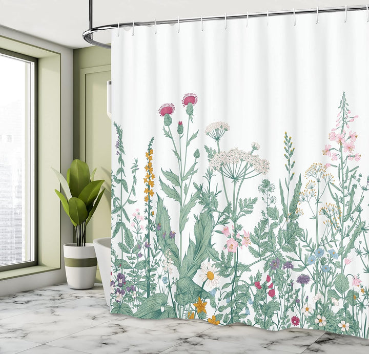 ABAKUHAUS Blumen Duschvorhang, Kerbel Moschusmalve, Wasser Blickdicht inkl.12 Ringe Langhaltig Bakte