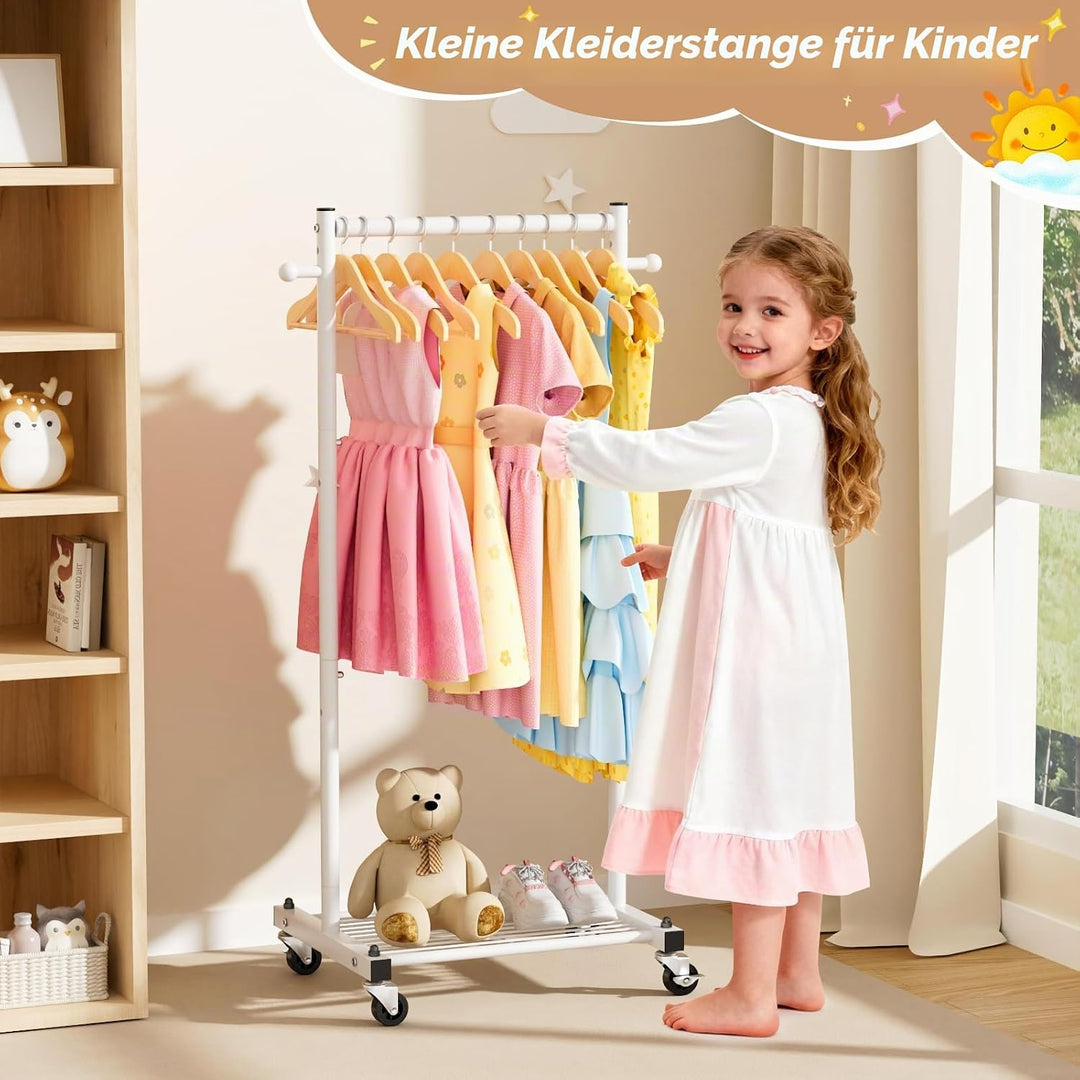 MISSLO Kinder Kleiderständer auf Rollen, 114cm Stabil Klein Kleiderstange mit Ablage, Metall Schmal