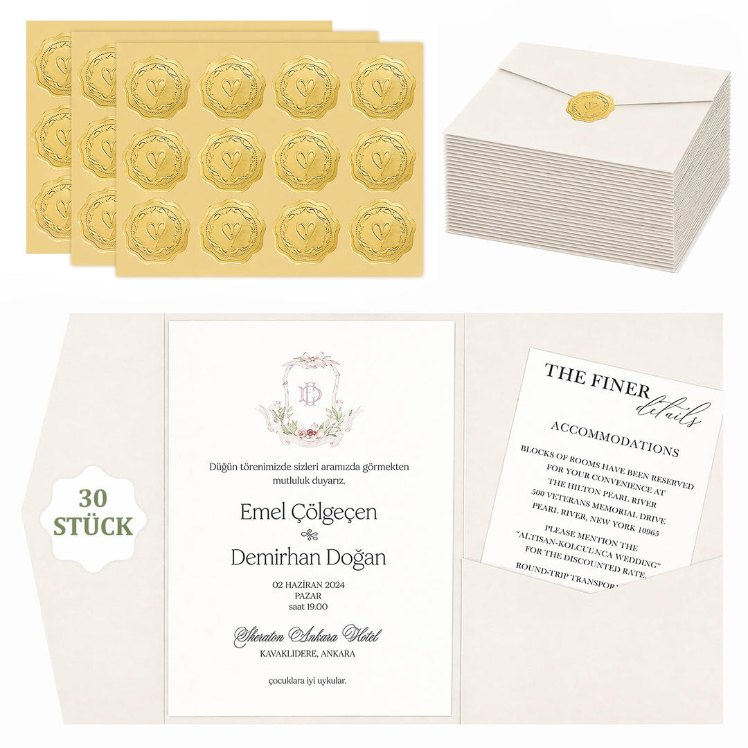 Pocketfold Einladungskarten Blanko Elfenbein, 30 Stück | Dreifachfalz-Design, 36 Goldfolien-Sticker