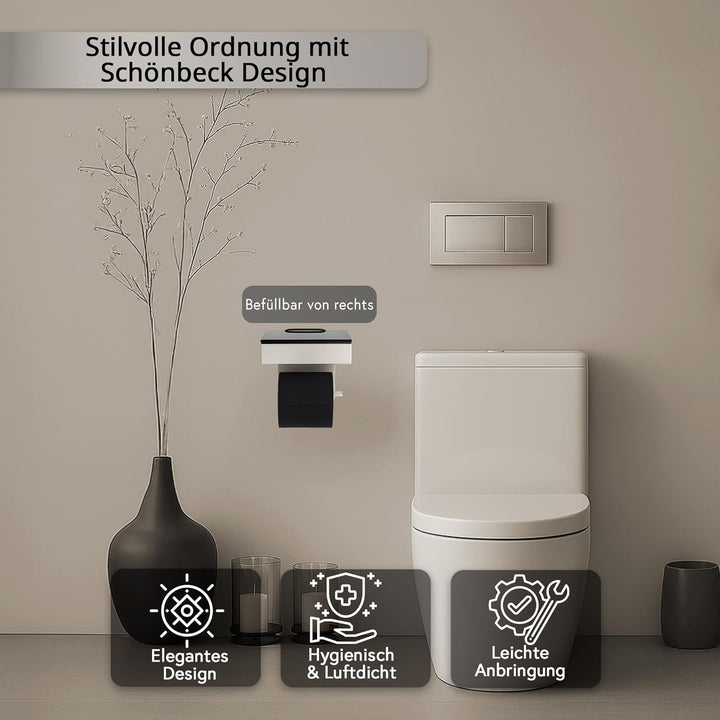 Toilettenpapierhalter mit Feuchttücherbox - Gehäuse Matt & Abdeckung Glas Schwarz - befüllbar von Re