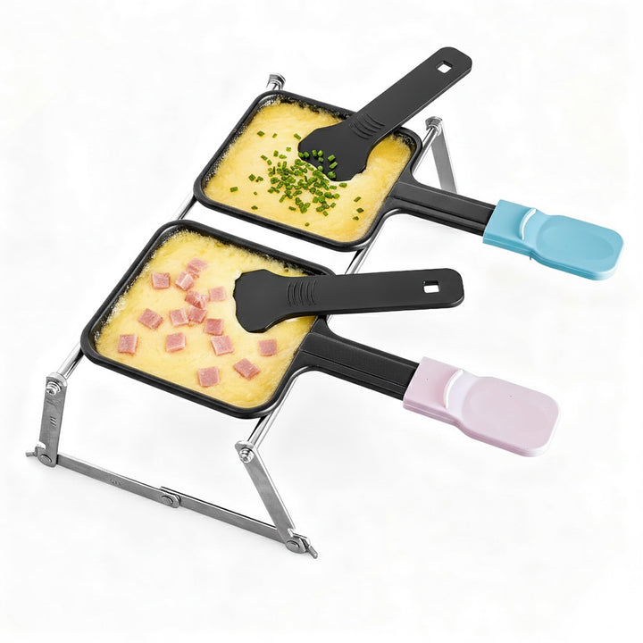 Tragbares Mini Raclette Set für 2 Personen, 2 Antihaft Pfännchen Blau & Pink, 2 Nylon Spatel, Klappb