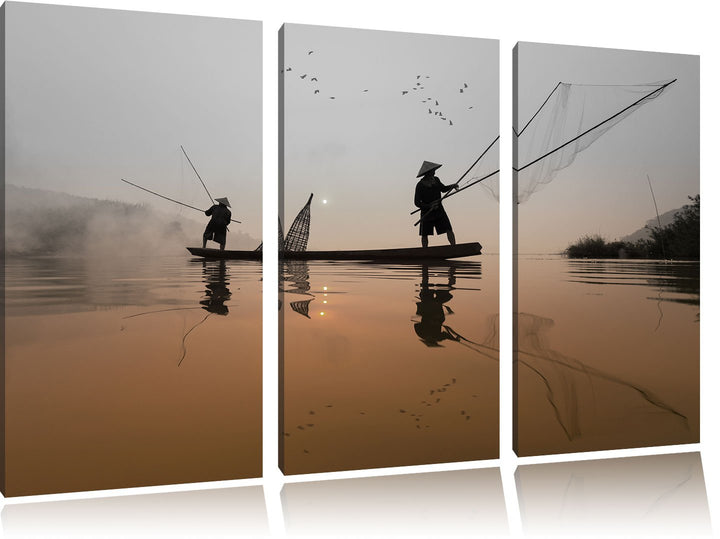 Pixxprint Fisher beim Angeln im Mekong-Fluss in Thailand B&W Detail 3-Teiler Leinwandbild 120x80 Bil