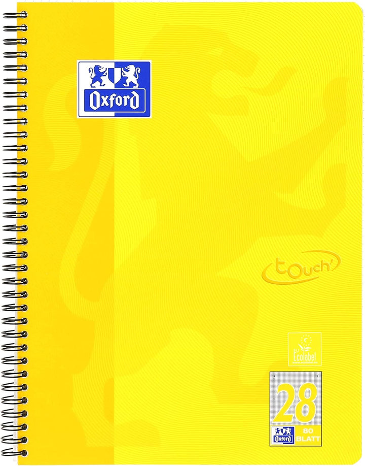 Oxford Touch Collegeblock A4 kariert mit Doppelrand, 80 Blatt, gelb, 10 Stück