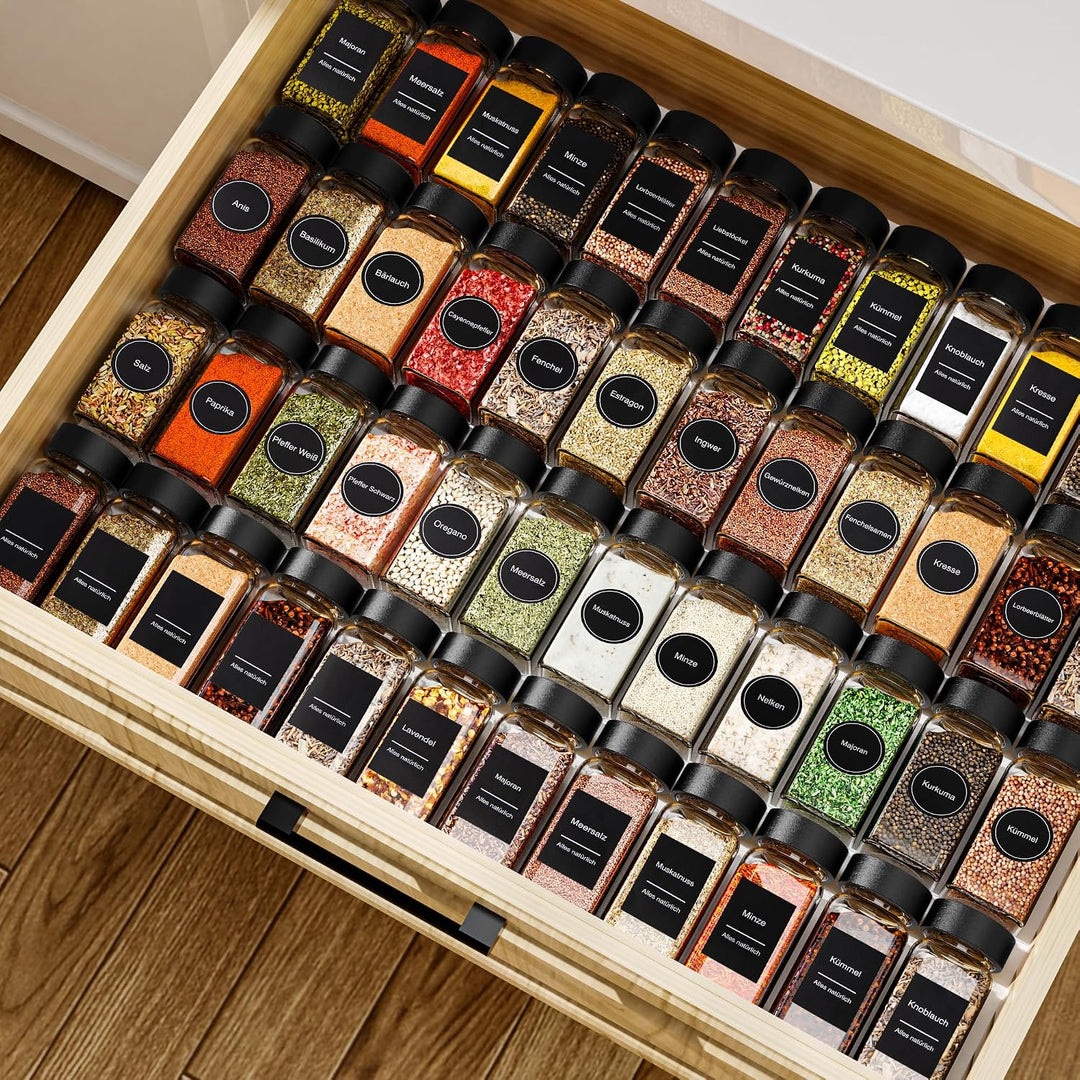 36 Gewürzgläser Eckig Set mit Deckel, 120ml Gewürzdosen mit 340 Etiketten,Sieben (36) (36 BLACK), 36