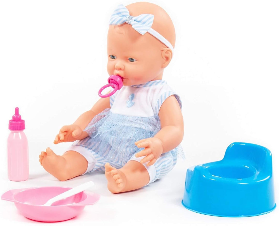 Baby Puppe 35 cm m. Schnuller Töpfchen u. Fütter-Set 3-TLG. Kinder Spielzeug +3J