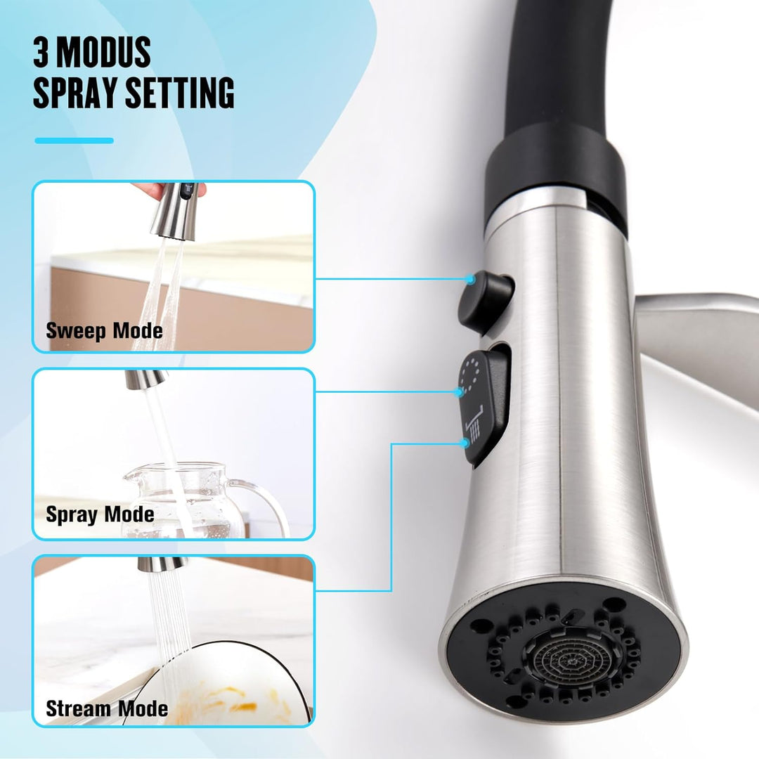 CREA Wasserhahn Küche mit 2 Funktionen Brause, Küchenarmatur mit Ausziehbarer Brause, 360° Drehbare