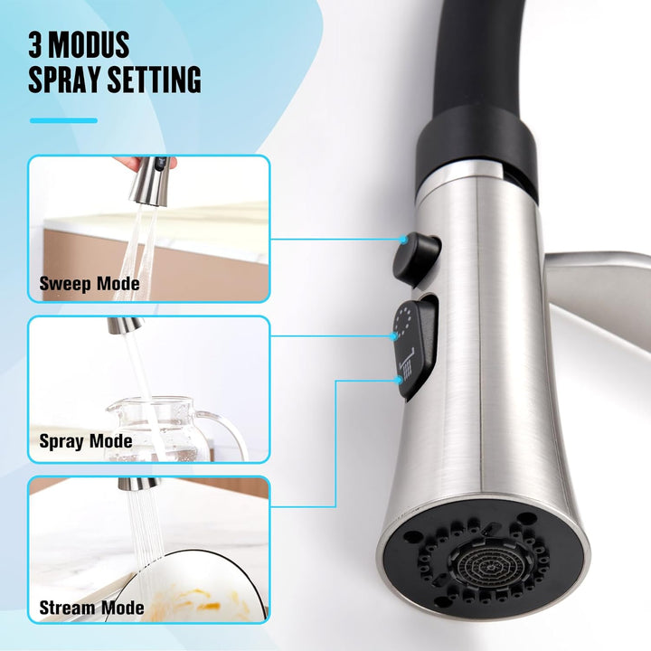 CREA Wasserhahn Küche mit 2 Funktionen Brause, Küchenarmatur mit Ausziehbarer Brause, 360° Drehbare