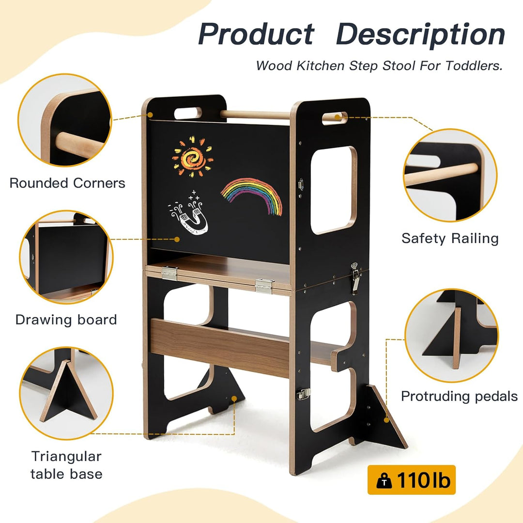 labebe Lernturm für Kinder, Montessori Learning Tower mit Tafel, 3 in 1 Klappbar Multifunktion Lernt