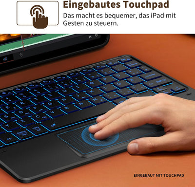 CACOE Tastatur mit Touchpad, QWERTZ Tastatur Kabellose mit 7 Farben Beleuchtete kompatibel mit iPad,