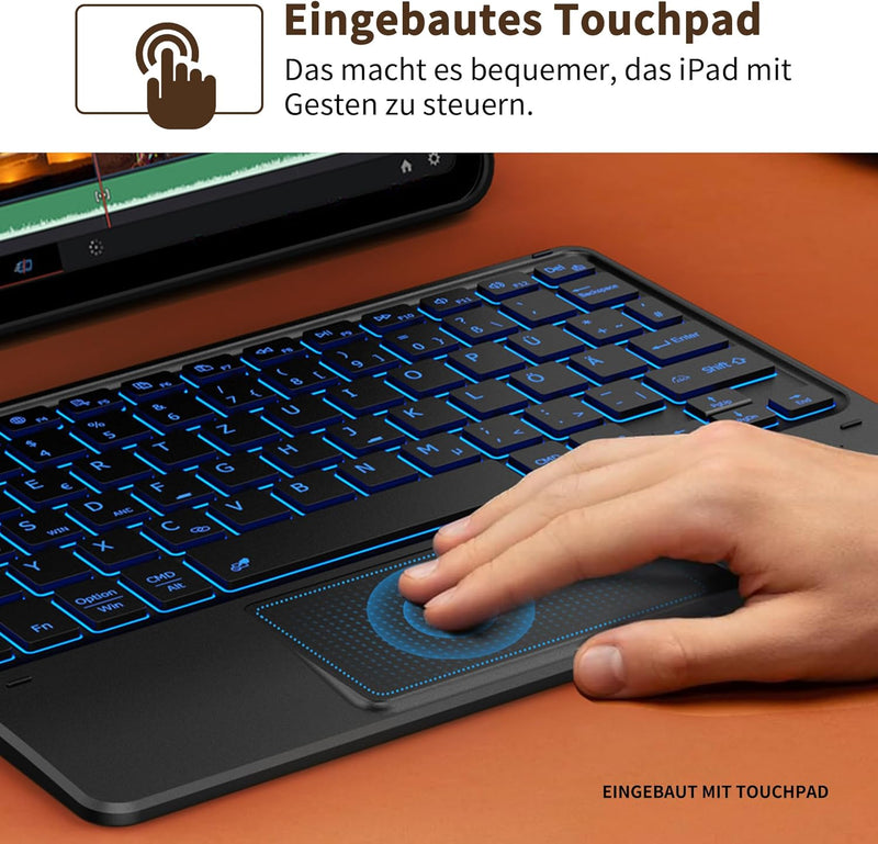 CACOE Tastatur mit Touchpad, QWERTZ Tastatur Kabellose mit 7 Farben Beleuchtete kompatibel mit iPad,