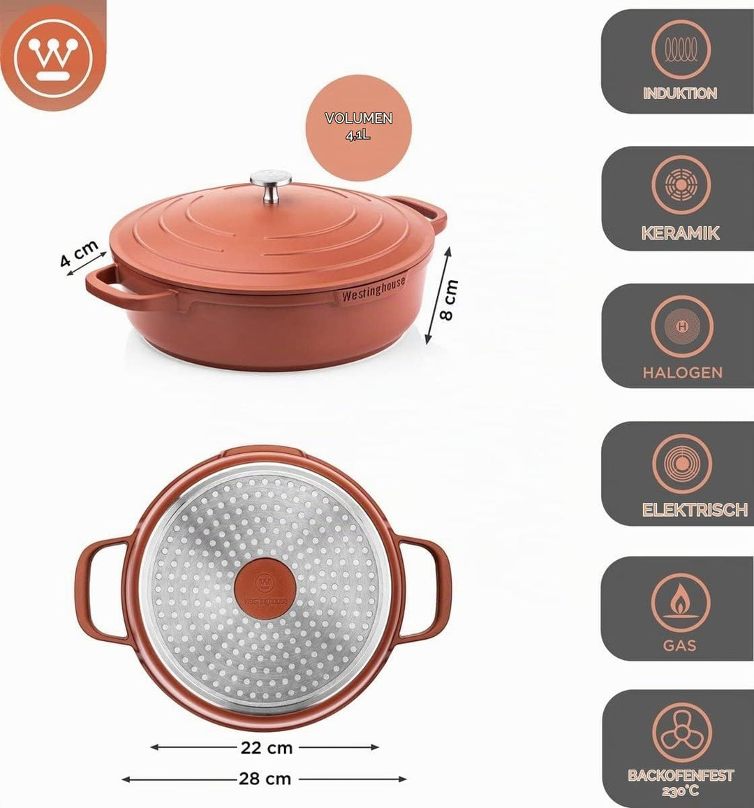 Westinghouse PERFORMANCE SERIES Schmorpfanne Hoher Rand - 28cm Servierpfanne Induktion - Pfanne mit