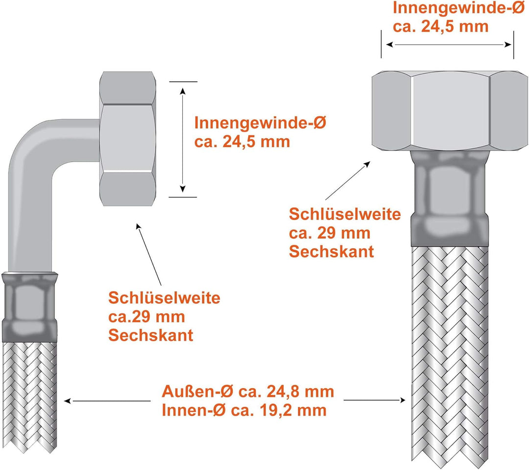 SFX® Panzerschlauch 50cm DN19-3/4 Zoll ÜM x 3/4 Zoll ÜM - 90 Grad Bogen Edelstahl Umflechtung Trinkw