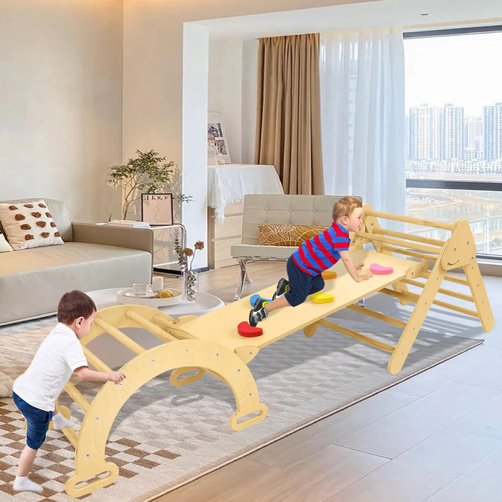 Froadp Klettergerüst Indoor 3-in-1 mit Rutsche und Kletterbogen Kletterdreieck aus Naturholz Klappba