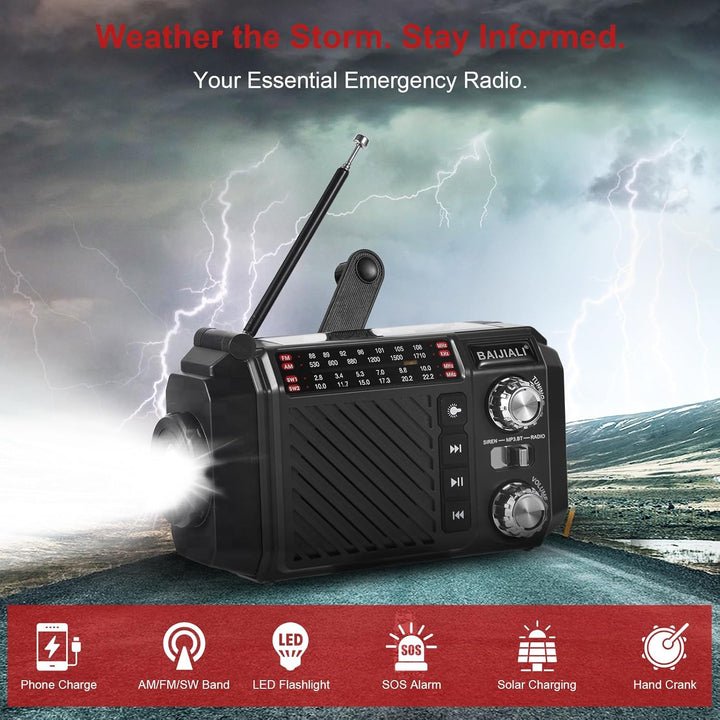 Kurbelradio Notfallradio mit 2600mAh Powerbank, Solar & USB-C Ladung, AM/FM/SW Weltempfänger, LED-Ta