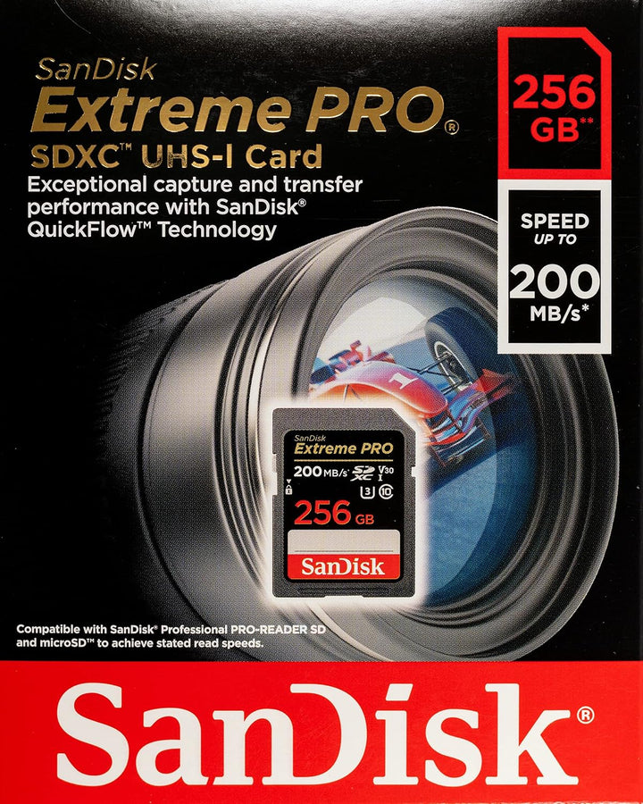 SanDisk 256 GB Extreme Pro UHS-I SD U3 A2 V30 Speicherkarte funktioniert mit Sony spiegelloser Kamer
