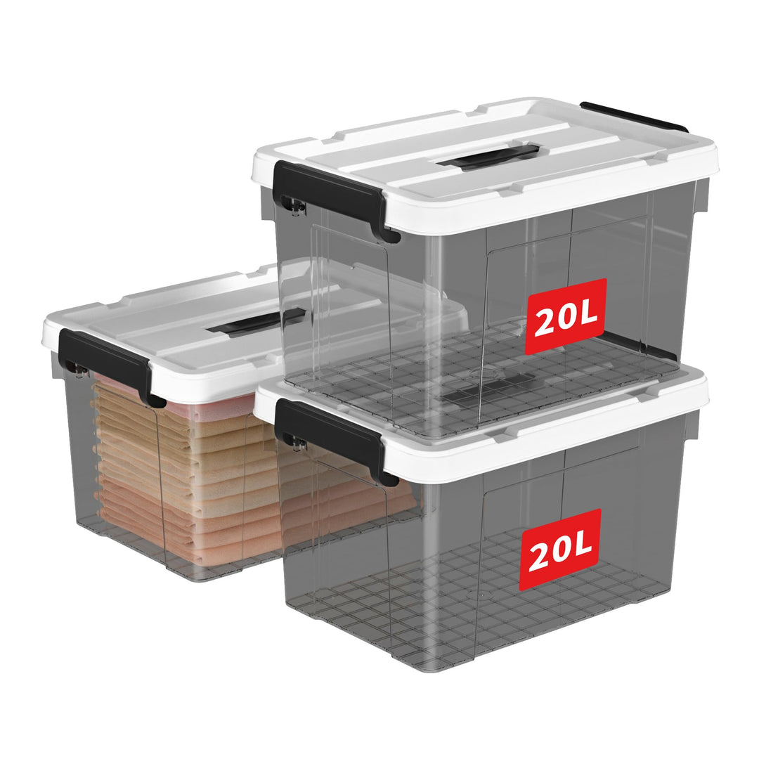Cetomo,20L,3er-Pack, Aufbewahrungsbox mit deckel,Aufbewahrungsboxen, mit Clips, stapelbar, Wohnzimme