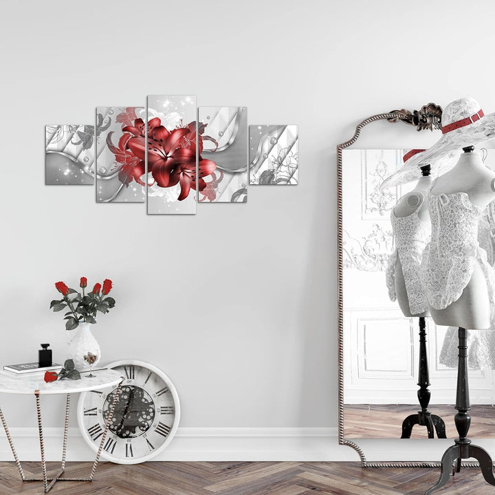 Runa Art Wandbilder Blumen Lilien 5 Teilig Bild auf Vlies Leinwand Deko Wohnzimmer Abstrakt Rot Weis