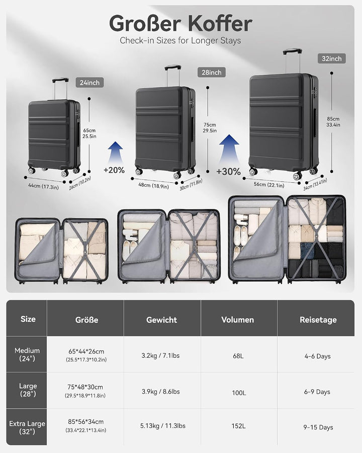 KONO Koffer Trolley Reisekoffer XL (74cm) Grau, XL (74cm) Grau