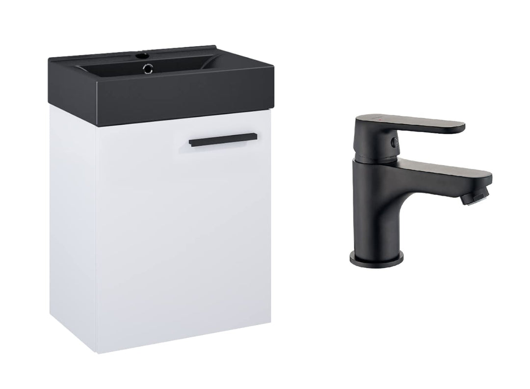 VBChome Badmöbel Set 45 cm Schwarz Waschbecken mit Hängeschrank Weiss mit Armantur Schwarz Waschtisc
