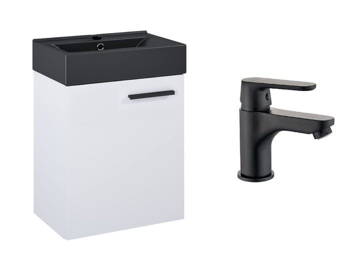 VBChome Badmöbel Set 45 cm Schwarz Waschbecken mit Hängeschrank Weiss mit Armantur Schwarz Waschtisc