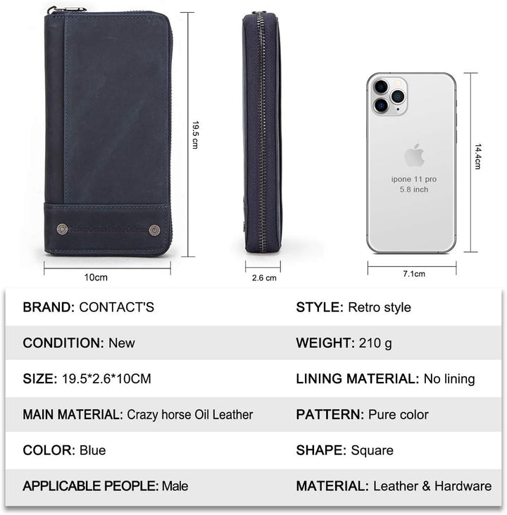 Contacts RFID Blocking Echtleder Herren Reissverschluss um Brieftasche Karte Telefonhalter Münzkuppl