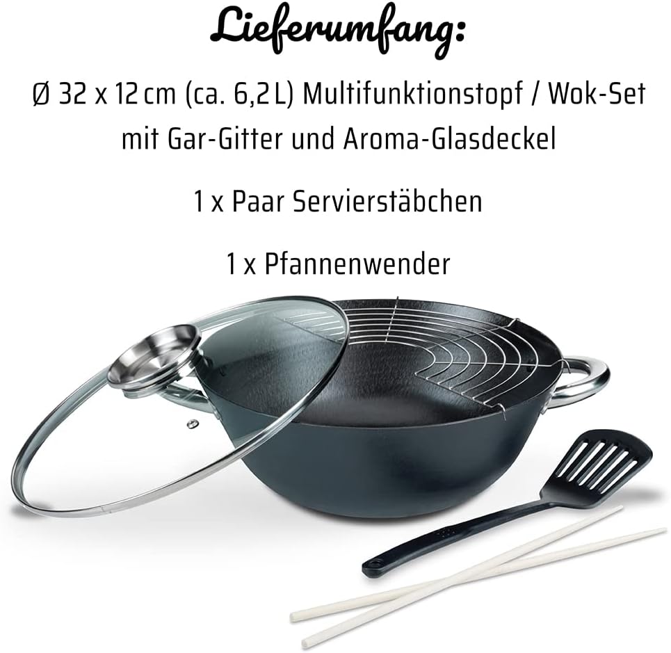 GSW 860956 GUSSEISEN PROFESSIONELL Multifunktionstopf/Wok-Set mit Glasdeckel 32cm / 5-teilig/ca. 6,2