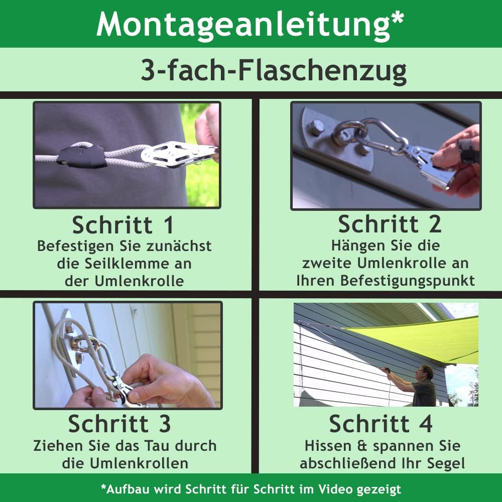 Pina DESIGN seit 1979 - Sonnensegel 3-Fach Flaschenzug Set - wandseitig, für Wandhalter/Profi Spanns