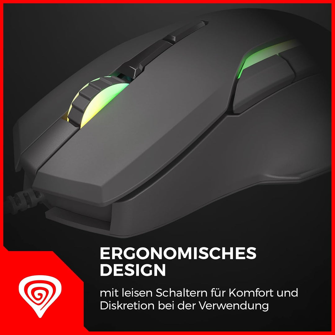 Genesis Xenon 220 G2 Gaming Maus kabelgebunden, leise Klicks, optischer Sensor bis 12800 DPI, RGB-Be