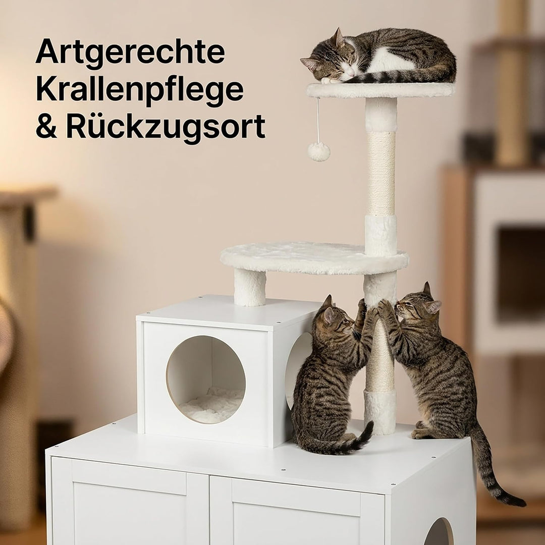 Relaxdays Kratzbaum mit Katzenkloschrank, HBT: 133x78x49 cm, weiss | Sisalstämme &amp; Liegemulde, Holzo