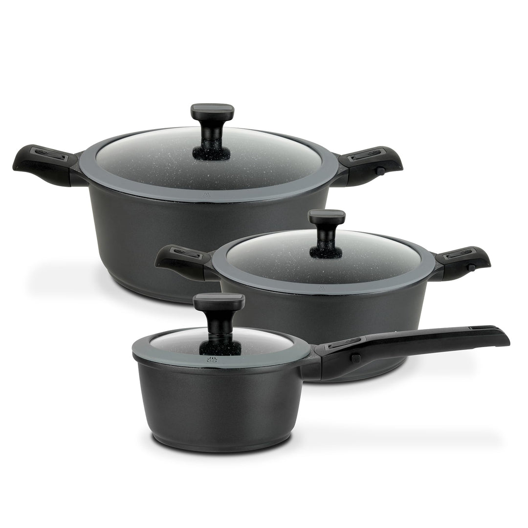 GSW 167772 Kochtopf-Set Easy Click 6-tlg, Aluminium, Kunststoff, Glas, Silikon, schwarz