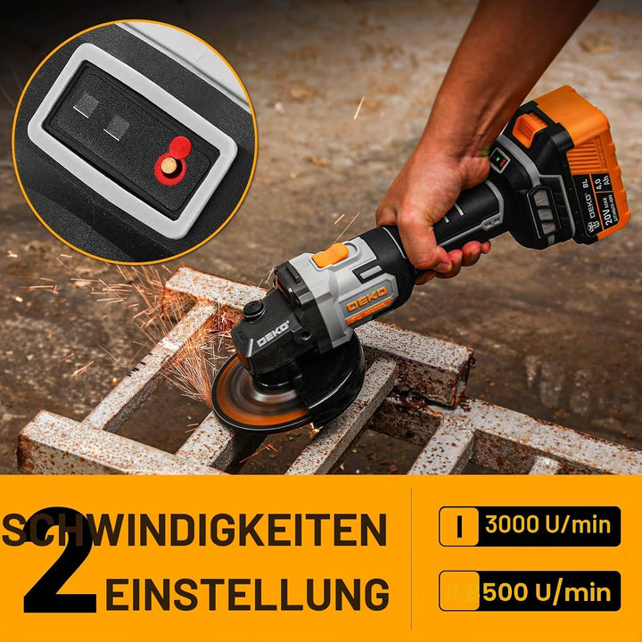 Akku-Winkelschleifer 20V Ø 125mm: DEKOPRO Schleifer mit 4.0Ah Akku, bürstenloser Motor, 8500RPM – in