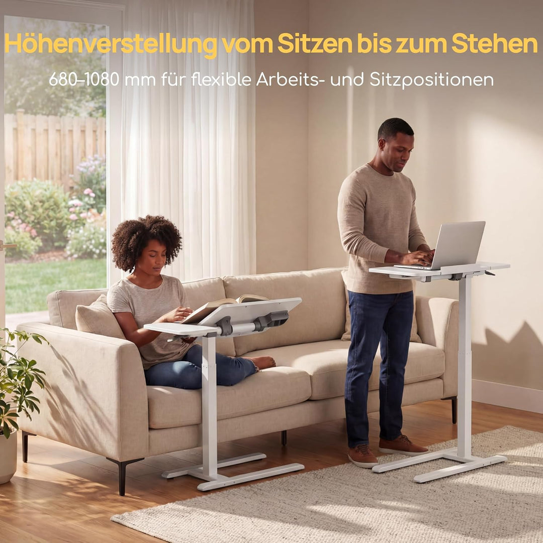Viviendo Betttisch auf Rollen, Weiss, höhenverstellbarer Beistelltisch 68–108 cm mit Gasdruckfeder,