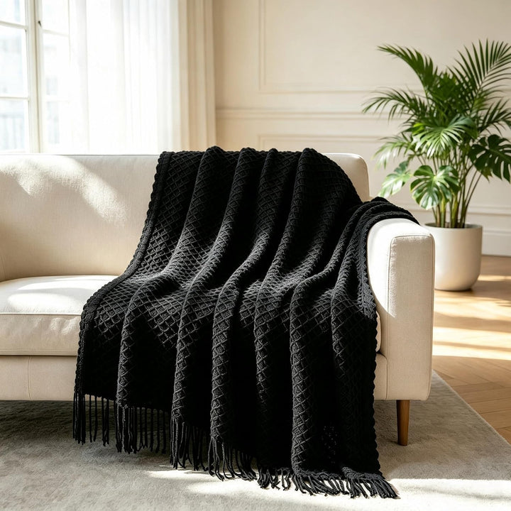 CREVENT Boho-Strickdecke im Landhausstil für Couch, Sofa, Sessel, Bett und Wohnkultur – weich, warm,