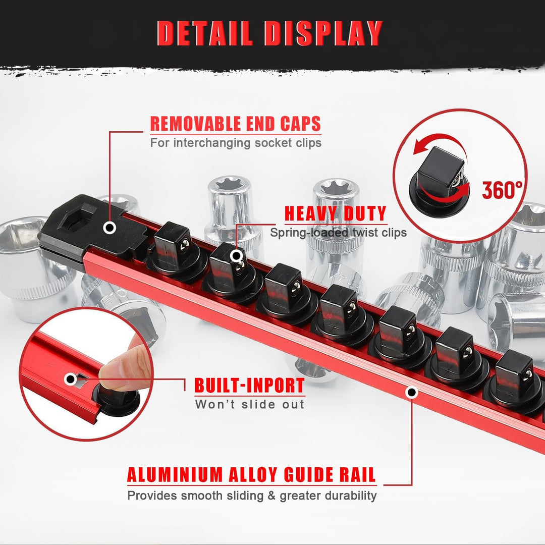 ACEBON Magnetische Stecknuss-Rail 3-tlg, Aluminium Steckschlüssel-Organizer mit 42 Drehbare Clips fü