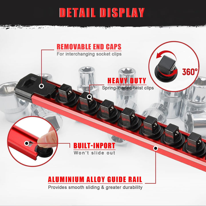 ACEBON Magnetische Stecknuss-Rail 3-tlg, Aluminium Steckschlüssel-Organizer mit 42 Drehbare Clips fü