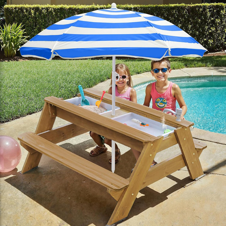 Kids 3-in-1 Sand- und Wasser-Aktivitätstisch, Holz, Outdoor, wandelbarer Picknicktisch mit Regenschi