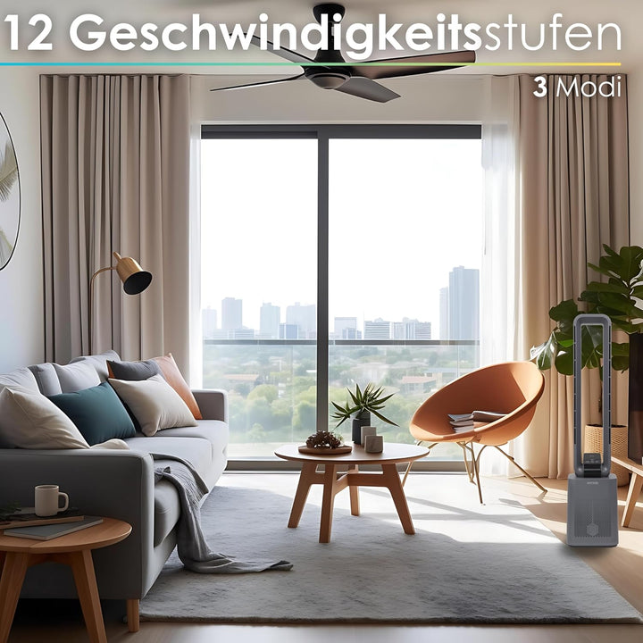 Turmventilator | Ventilator sehr leise | Fernbedienung | Oszillierend | LED-Display | 3 Modi | 12 St