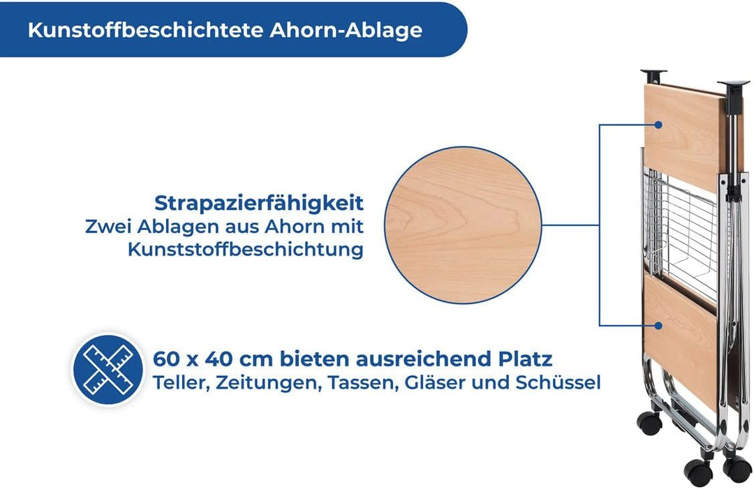 WENKO Servierwagen Dinett Deluxe Ahorn, 2 Ablageflächen & länglicher Gitterkorb, mit 4 leichtgängige