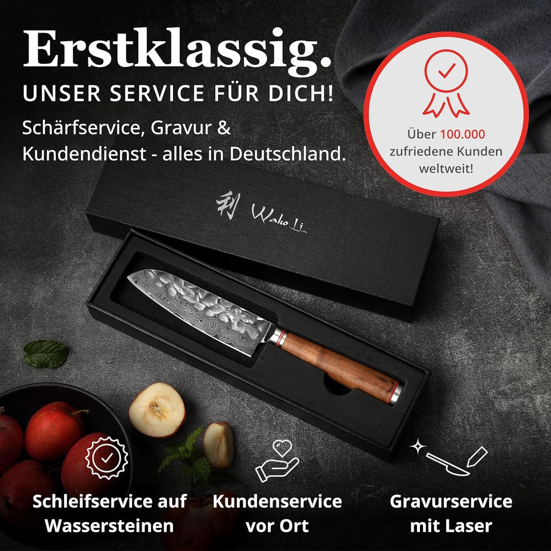 Wakoli Nussbaum Damastmesser kleines Santokumesser extrem scharfe 12cm Klinge aus 67 Lagen I Damast
