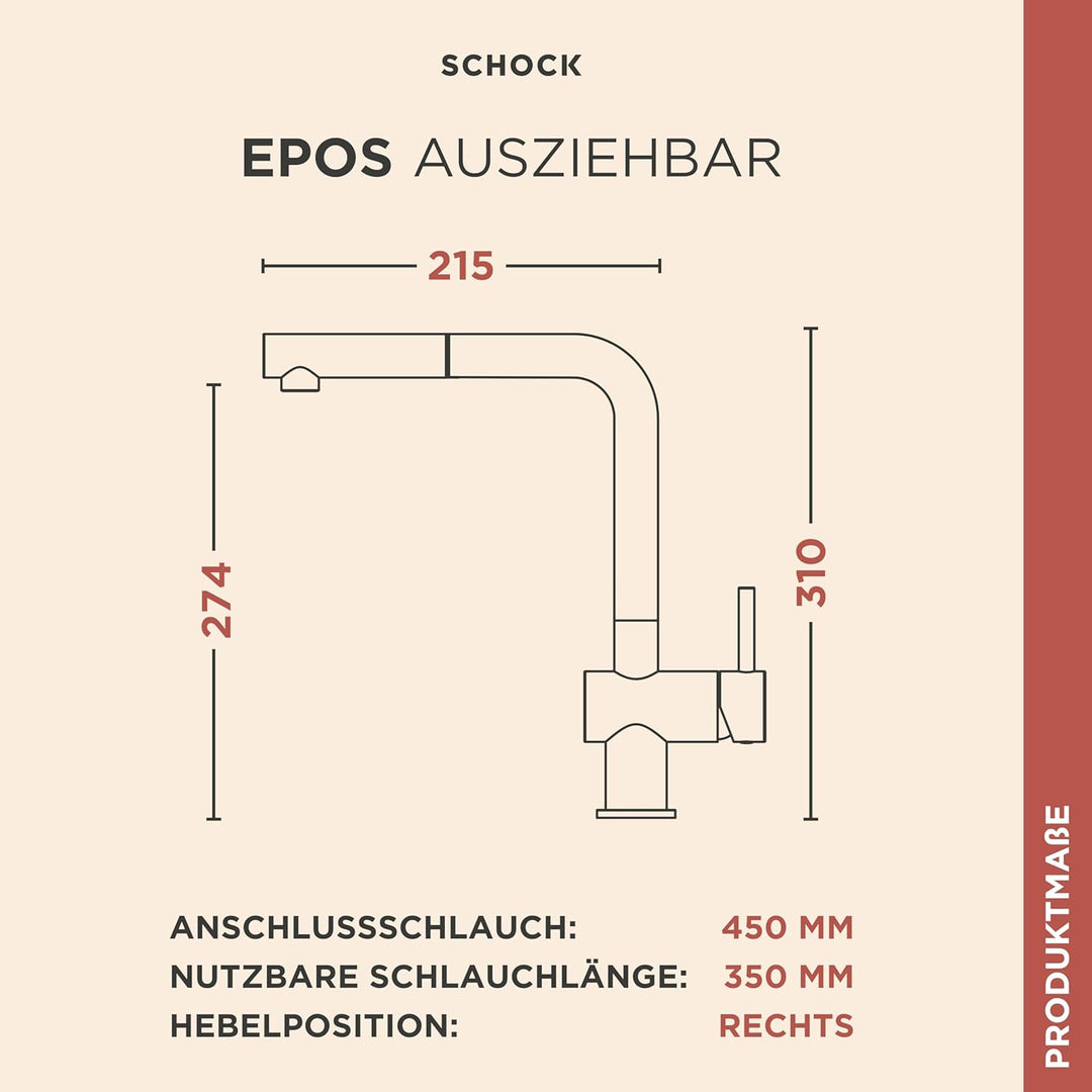 SCHOCK Küchenarmatur Epos Magma – schwarze hochdruck Armatur mit ausziehbarer Schlauchbrause und Sta