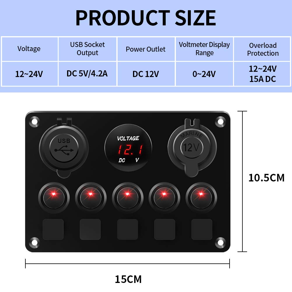 KAOLALI Schaltpanel 12V/24V Kippschalter 5 Gang IP65Wasserdicht + 4.2A Dual USB Ladegerät + Zigarett