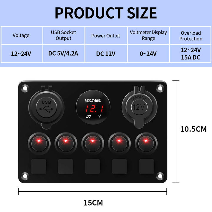 KAOLALI Schaltpanel 12V/24V Kippschalter 5 Gang IP65Wasserdicht + 4.2A Dual USB Ladegerät + Zigarett
